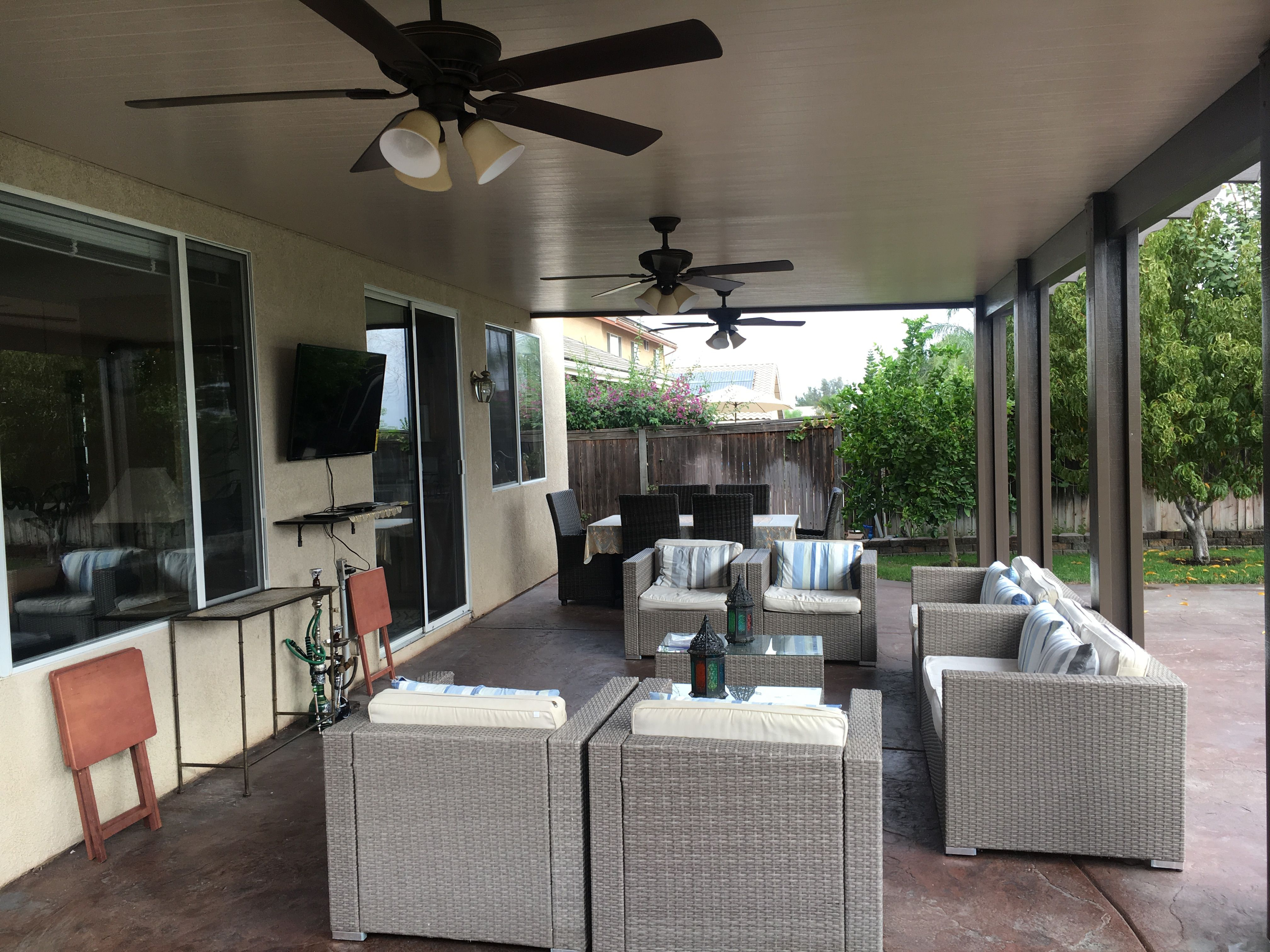 Alumawood Patio Cover Solid Top Three Ceiling Fans Electrical within proportions 4032 X 3024