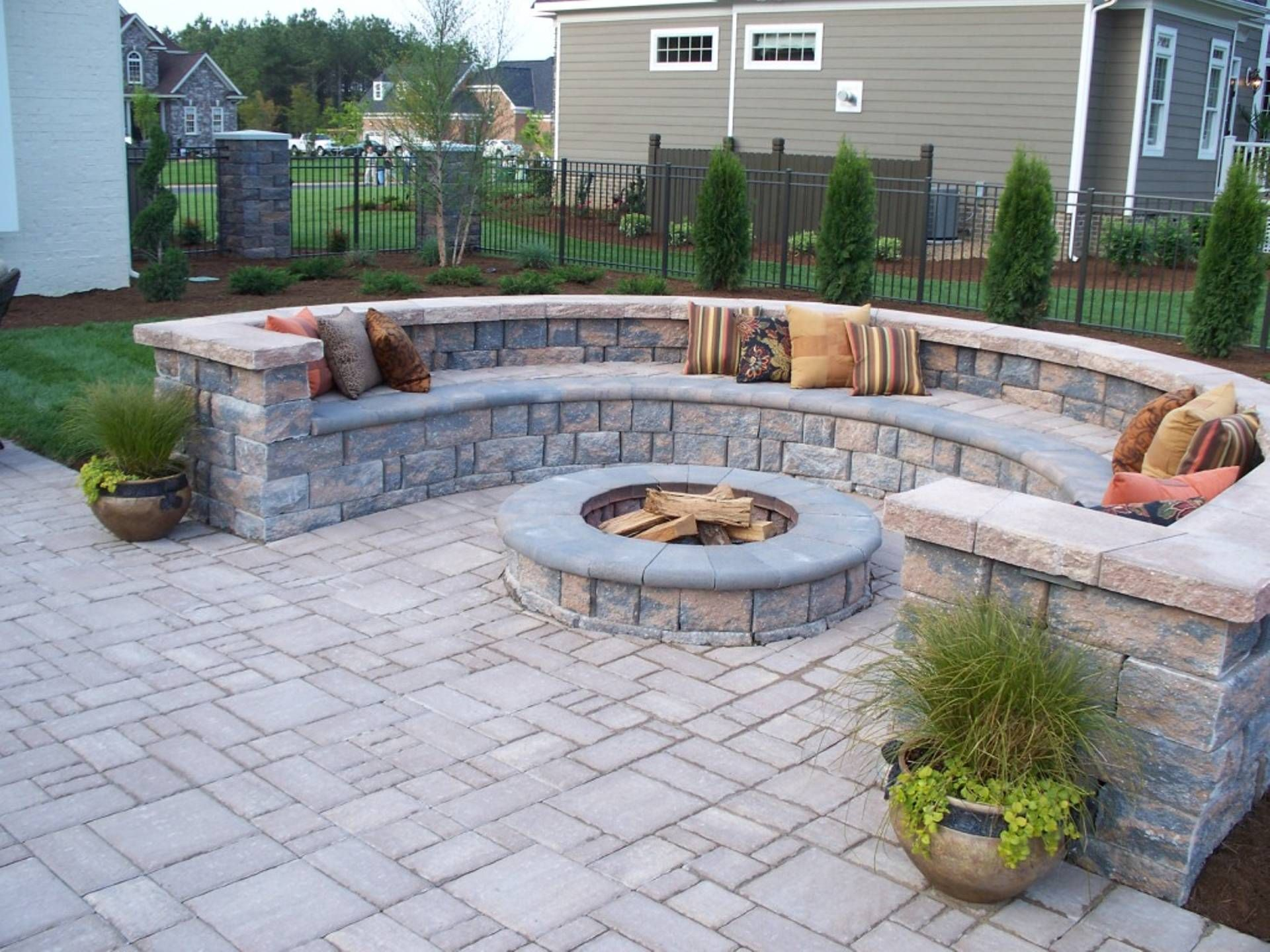 Paver Patio With Firepit And All Around Sitting Wall Backyard with regard to proportions 1920 X 1440