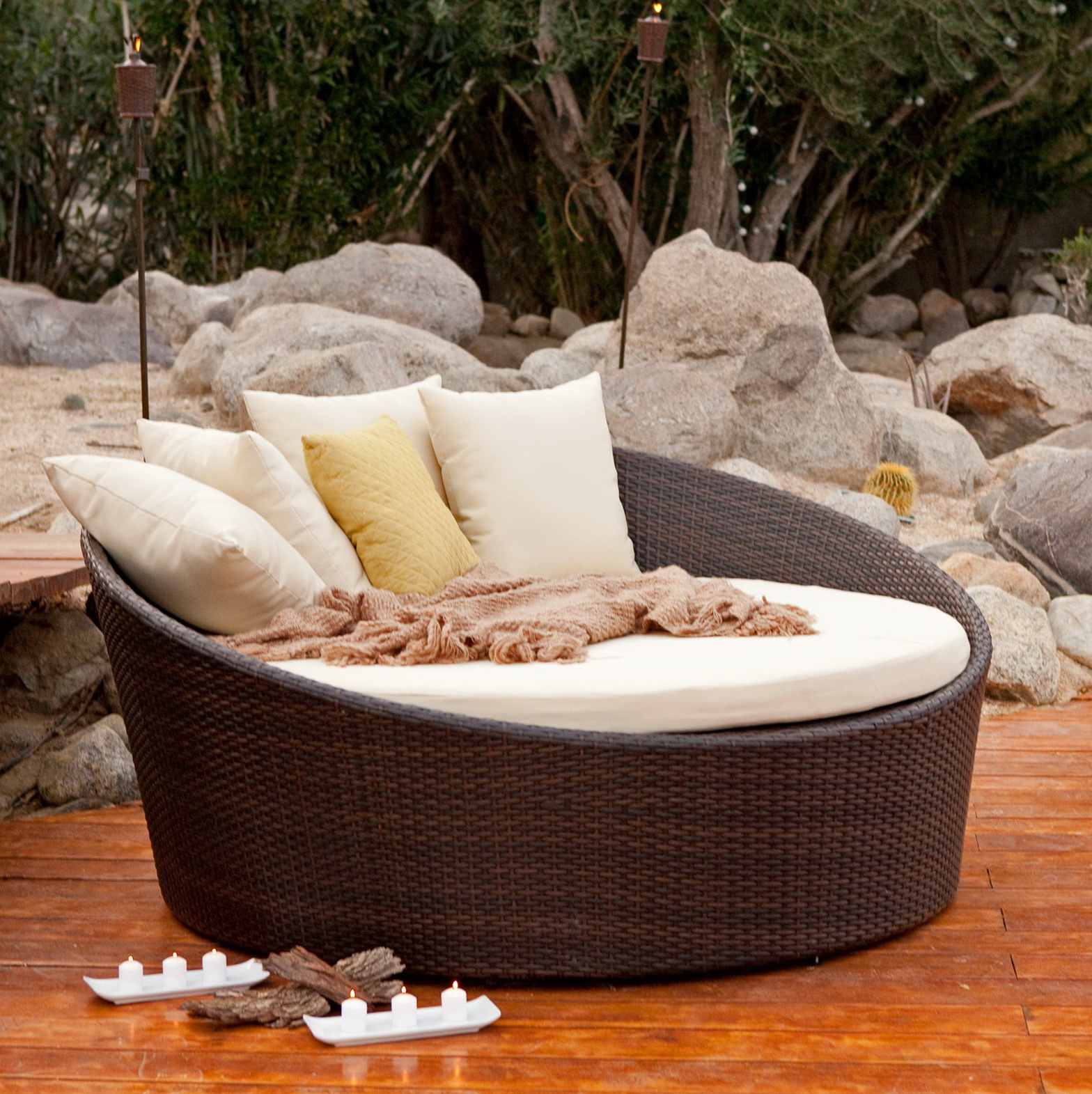 Round Resin Wicker Outdoor Chaise Lounge With Pillows And Rock Large throughout size 1568 X 1571