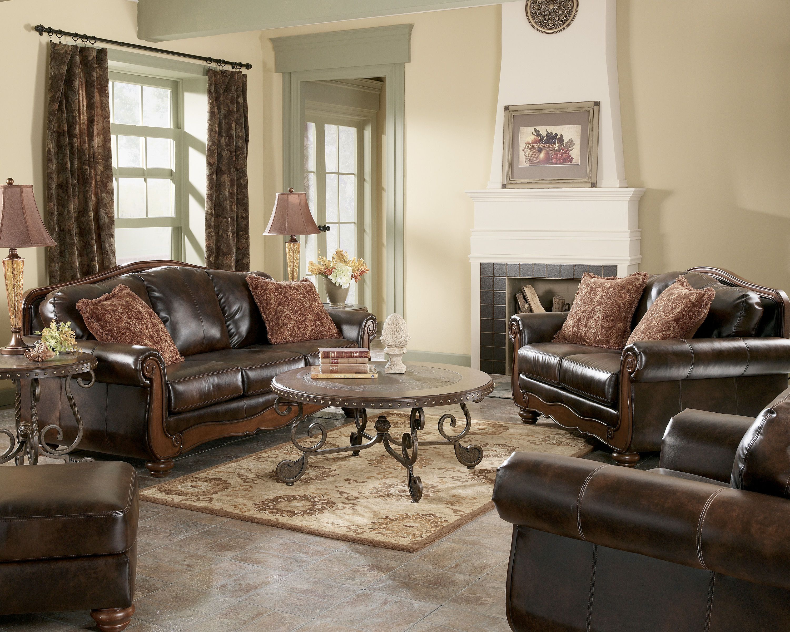 Barcelona Traditional Antique Faux Leather Living Room Set throughout measurements 3001 X 2400
