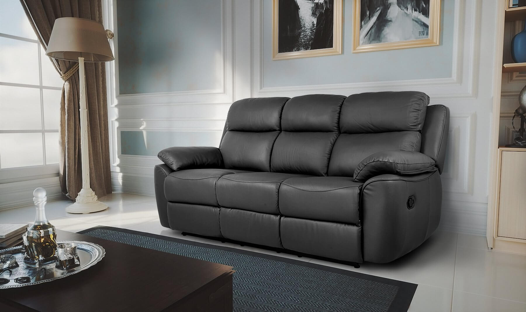 Semi Aniline Leather Black 3 Seater Senator Recliner Sofa in size 1800 X 1068