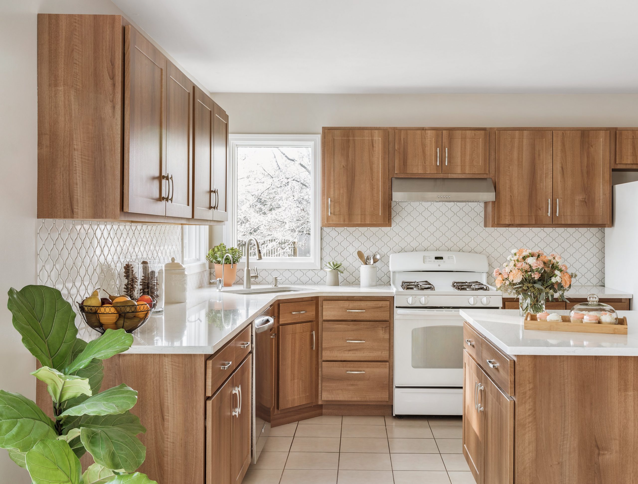 grey paint wall w wood csbinets in kitchen